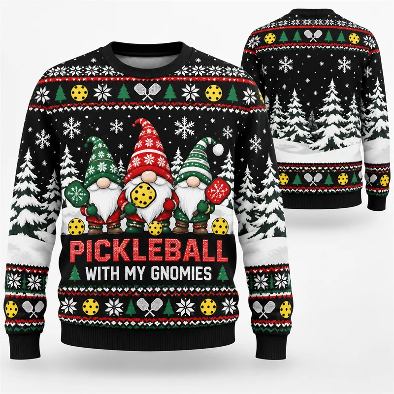 Christmas Pickleball Crewneck Sweatshirt Men Funny Santa Snowman Elf Reindeer Ugly Xmas Pullover Holiday Sports Party Gift Top