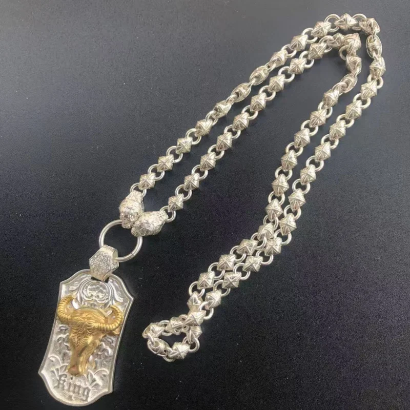 Tayshiyuan Trendy European and American Style Crown Bull Head 3D Pendant Men's Necklace Retro