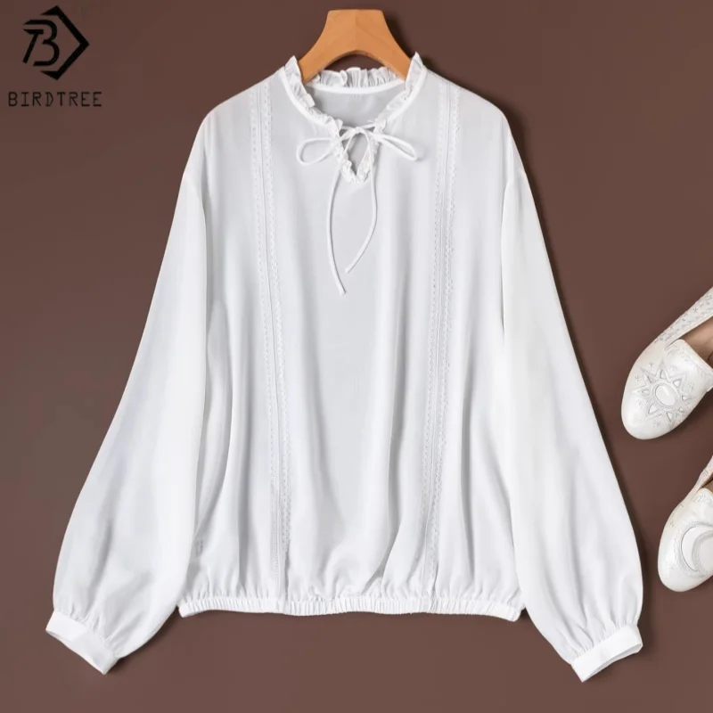 

Birdtree, 100% Silk Solid Blouse, Ruffled Collar Full Sleeve Tops, Elastic Hem, Women Double Crepe Lace Shirt, 2026 New T63002JF