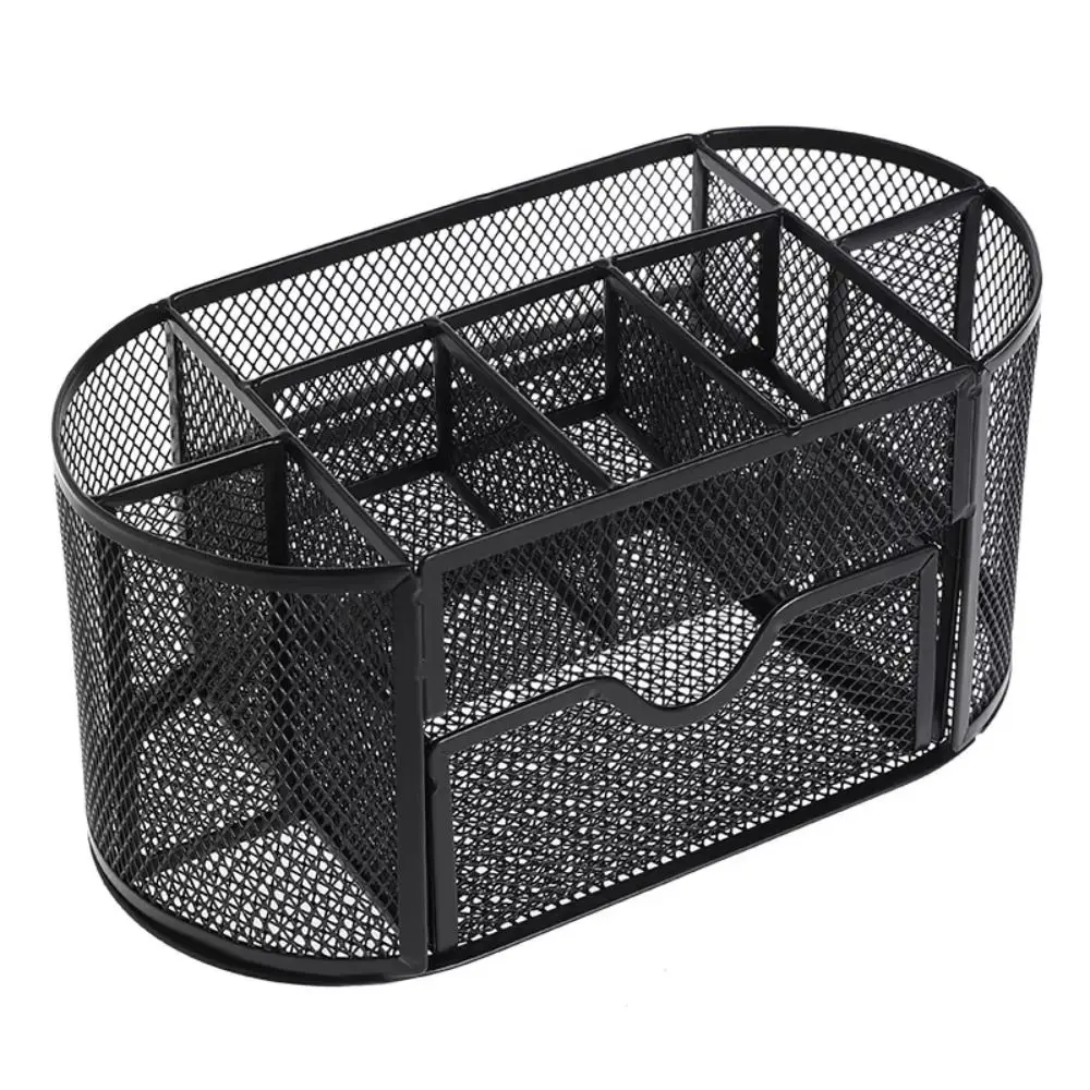 حامل أقلام تخزين من الحديد المبتكر، منظم قرطاسية شبكي معدني أسود مع درج، منظم مكتب بسعة كبيرة للمدرسة #3