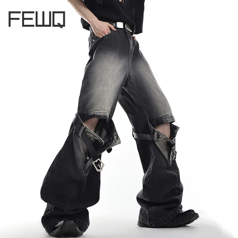 

FEWQ Vintage Men Spliced Micro Flared Jeans American Style High Street Wide Leg Straight Denim Pants Summer New Clothing 9A8932n