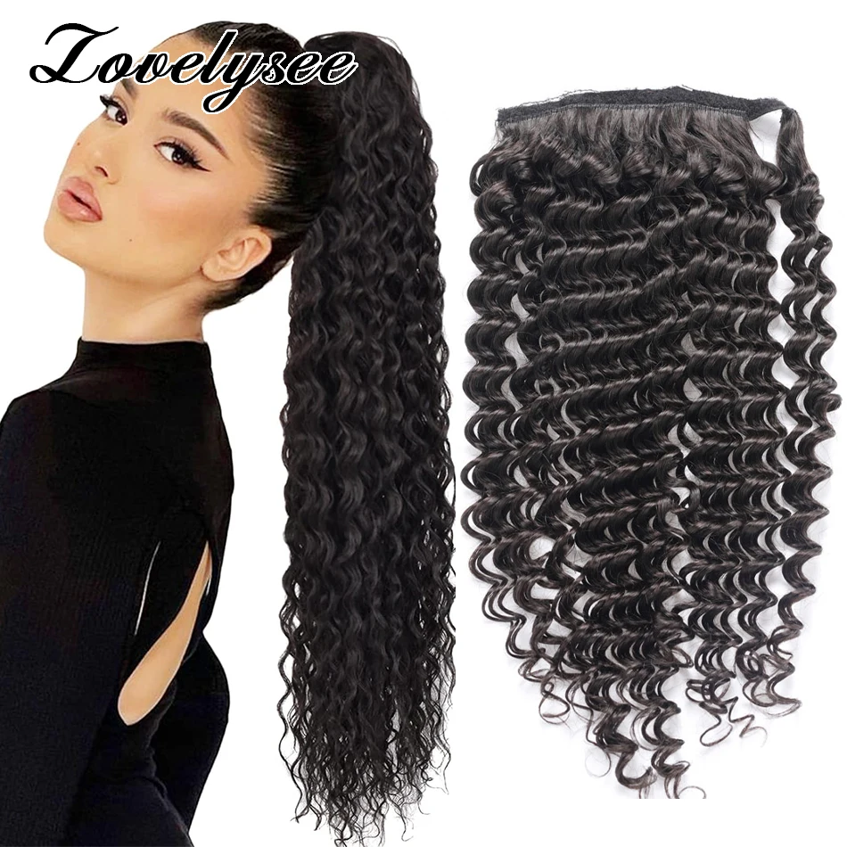 

60G 90G Deep Wave Ponytail Hair Extensions Brazilian 100% Remy Human Hair Natural Black Wrap Around Hairpiece for Women 14"-28"