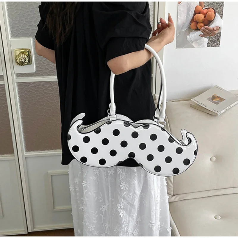 Mustache Shape Polka Dot Hobo Schultertasche, süße, niedliche, ausgefallene, kreative Handtasche für Damen, leichte Alltagstasche im Nischendesign – Detail 16