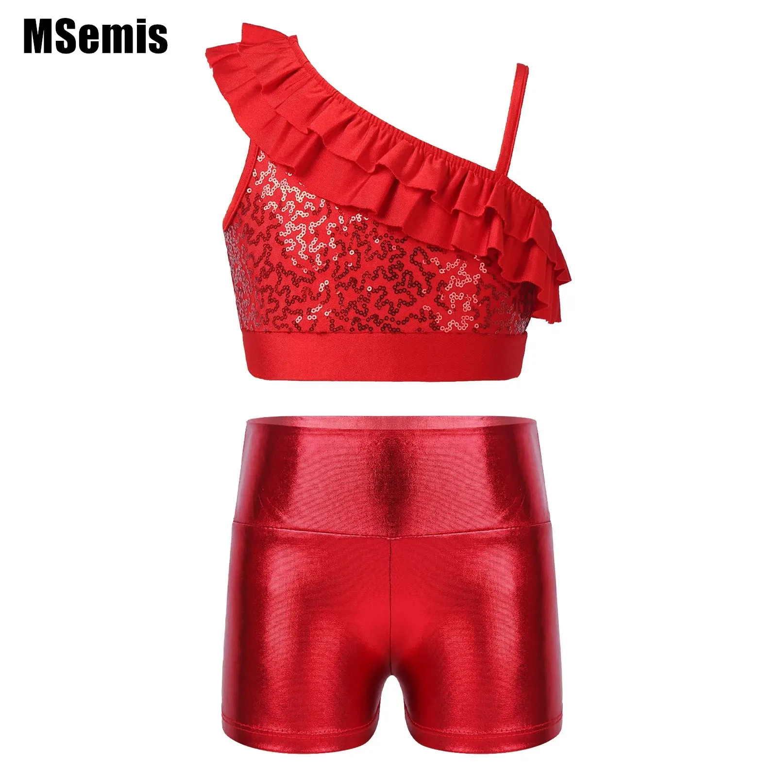 

Kids Girls Sequin Dance Set Asymmetrical Shoulder Ruffle Crop Top with Metallic High Waist Shorts for Performance Competition