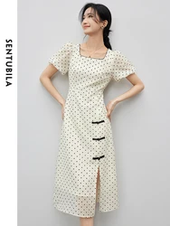 SENTUBILA Women Flocking Polka Dot Summer Dresses Female 2024 Vintage Square Collar Split Midi Dress Woman Clothes 142L55044