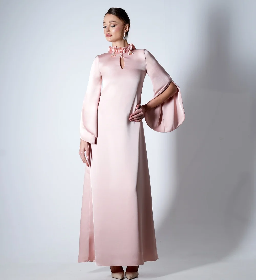 

Customized Charmeuse Applique Beading High Collar A-line Pink Midi Dresses Bespoke Occasion Party Gown Elegant Chinese Style