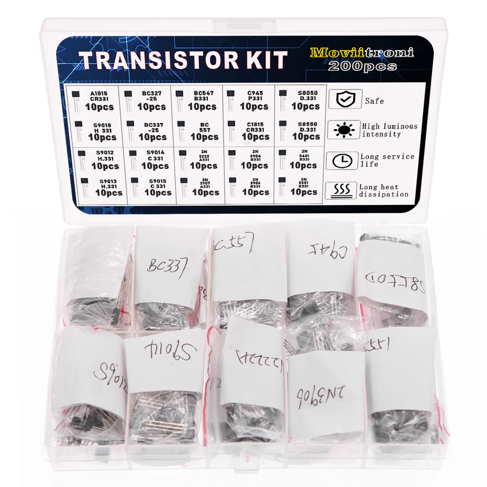 200pcs BJT transistors Kit 20 Values A1015 BC327 BC337 C1815 S8050 S8850 2N2222 2N2907 2N3904 2N3906 C945 S9012 S9013 S9014