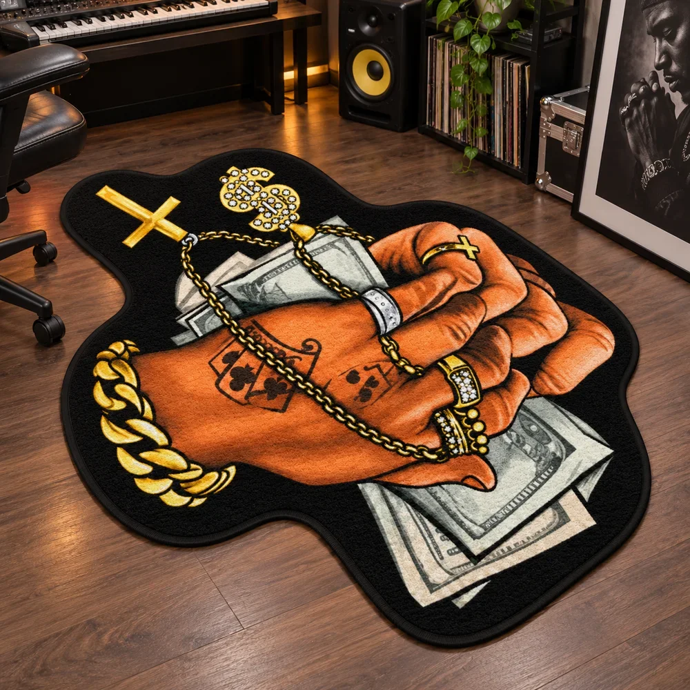 Rap Tattoo Hand Money Shaped Rug, Bold Street Art Floor Mat, Creative Irregular Decor for Bedroom, Living Room, Studio Game Room