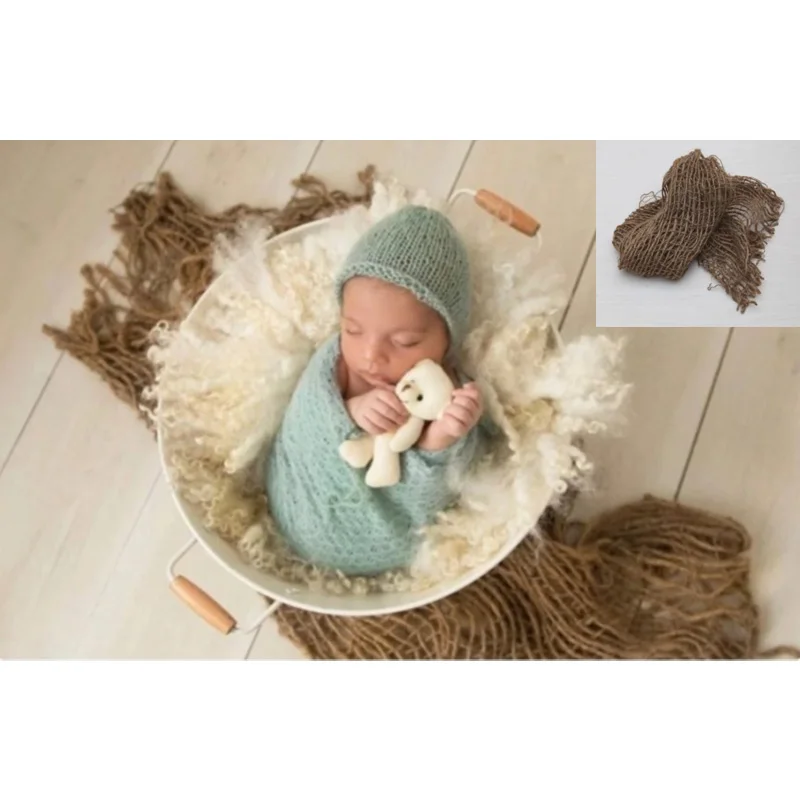 Natural Jute Newborn Photography Blanket, Handwoven Burlap Backdrop & Basket Pad, Chunky Hessian Baby Photo Props for Studio