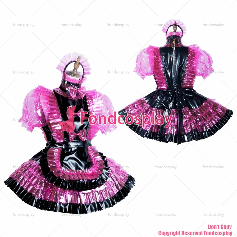 Fondcosplay dorosły seksowny strój krzyżowy sissy maid zamykany gorący różowy przezroczysty PVC sukienka fartuch winylowy unisex CD/TV [G3818]