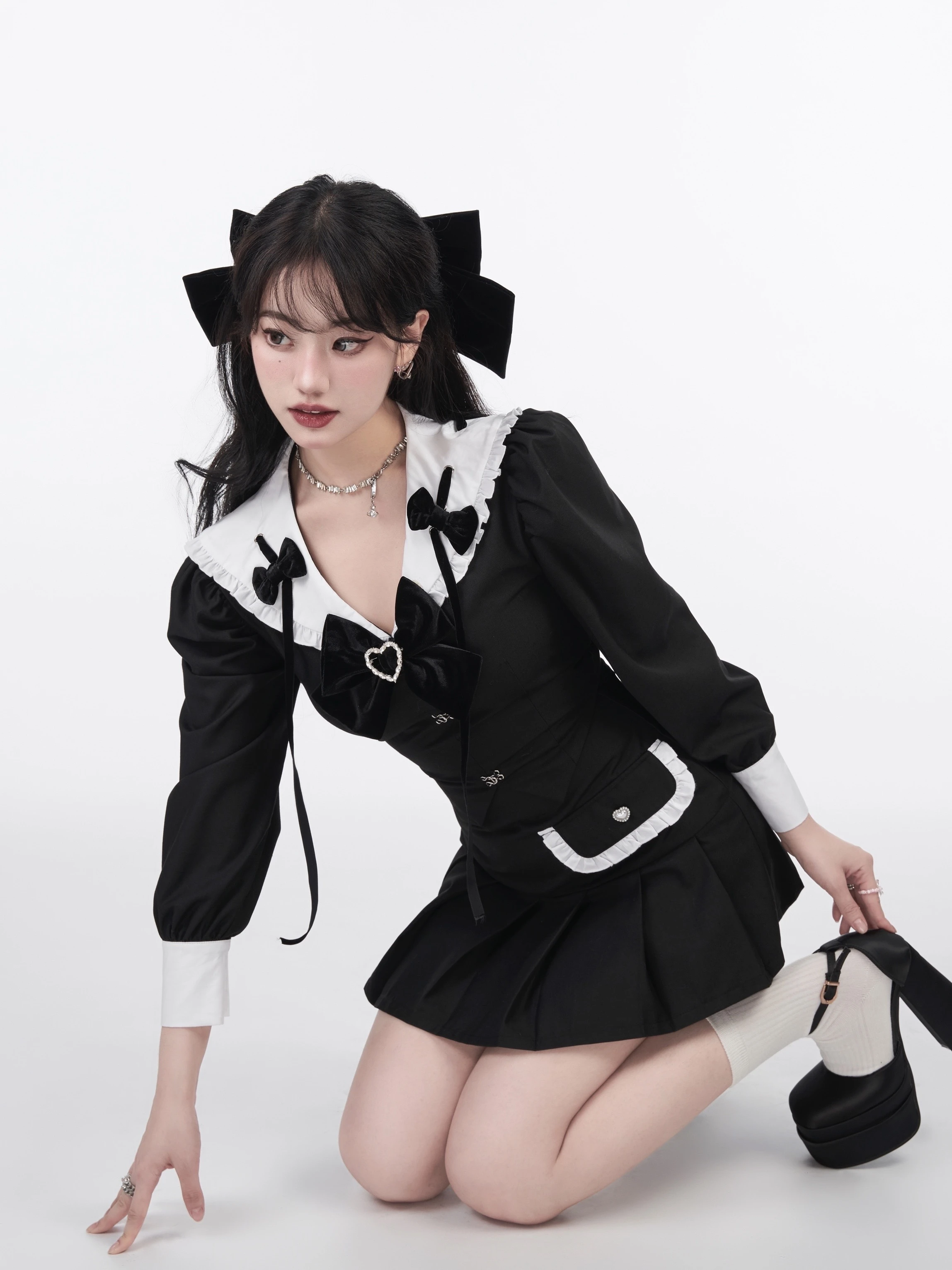 Japanese Sweet Preppy Style Sweet Cool Girl JK Dresses Navy Collar Bow Long Puff Sleeve High Waist Slim Short Dress Women Spring