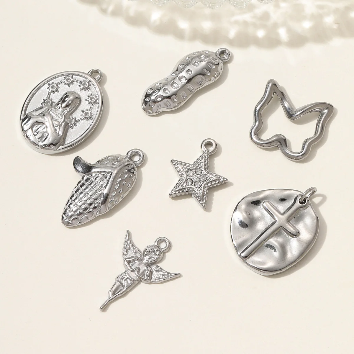 3pcs/Lot Stainless Steel Mirror Polish Love Angel Necklace Pendant Peanut Cron Cross DIY Bracelet Charm Women Butterfly Jewelry