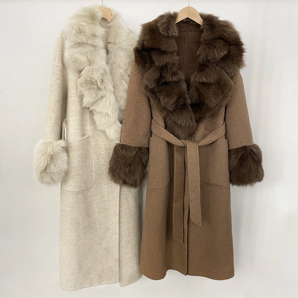 Casaco de lã superior roupas longas quente gola de pele de raposa real e punhos feminino novo outono inverno casacos de pele natural para mulher jaqueta de lã