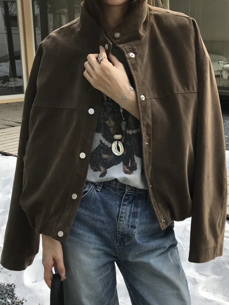 Retro Leather Velvet Long Sve Jaet Women's Loose Fit Stand Collar Autumn New Sle Versatile Outerwear Casual Top