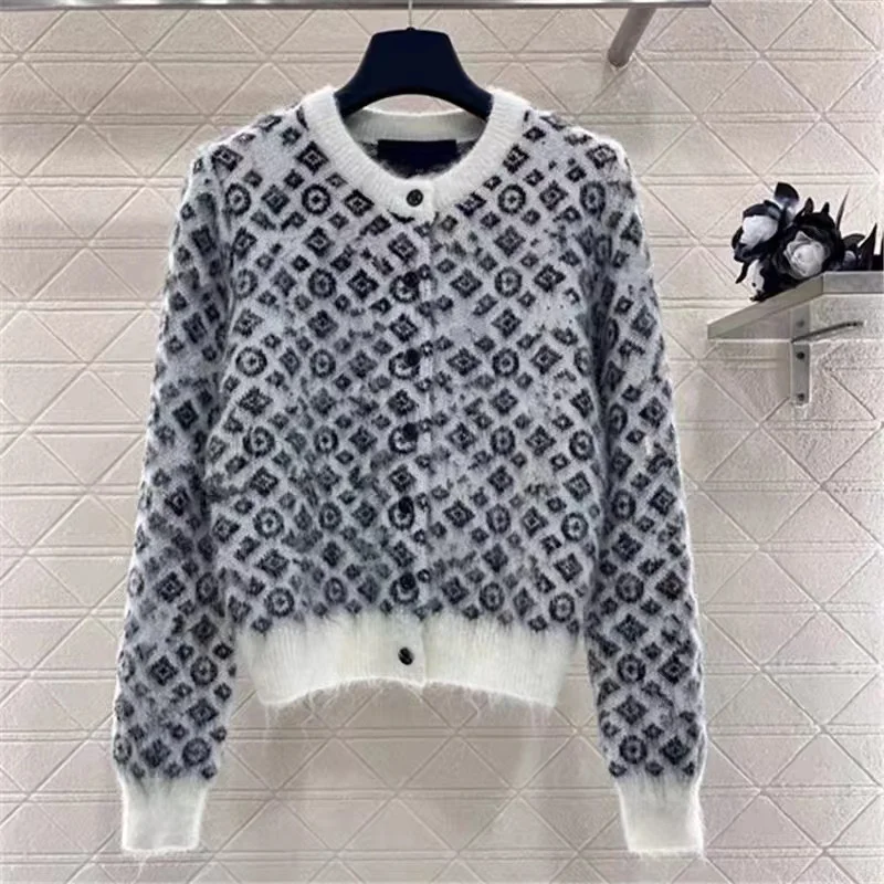 Autumn Winter Fashion Black Geometric Jacquard Soft Wool Knitted Cardigan Women\'s Clothing Loose O-neck Casual Warm Sweaters