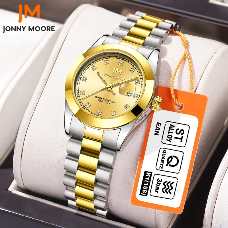 

JONNY MOORE 1039 Gift Box Watch for Woman Elegant Ladies Watch Rhinestone Dial Stainless Steel Luminous Waterproof Quartz Watch