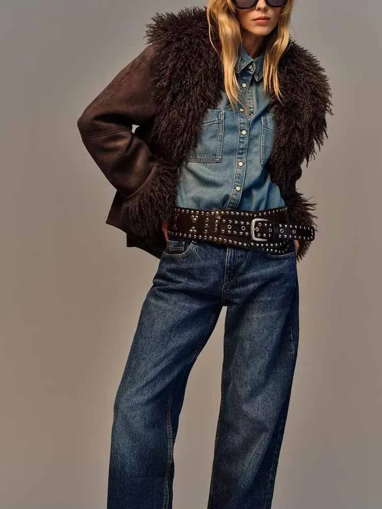 

European and American style autumn new fashion trend simple versatile women's clothing faux fur lapel effect jacket coat