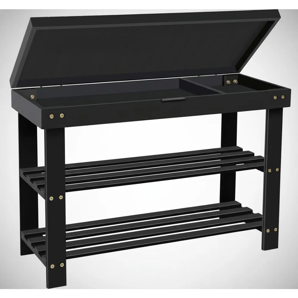 

3-Tier Bamboo Shoe Rack Bench with Storage Drawer, Entryway Organizer for Indoor Outdoor Use, Black