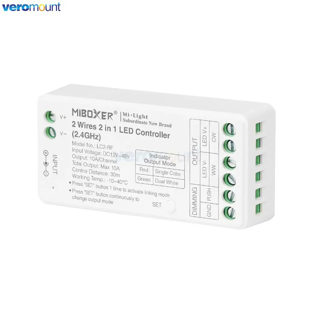 Miboxer LC2-RF DC12-24V 2.4G Single Color Dual White 2 in 1 Dimmer for 2 Wires CCT LED Strips Light Color Temperature Controller