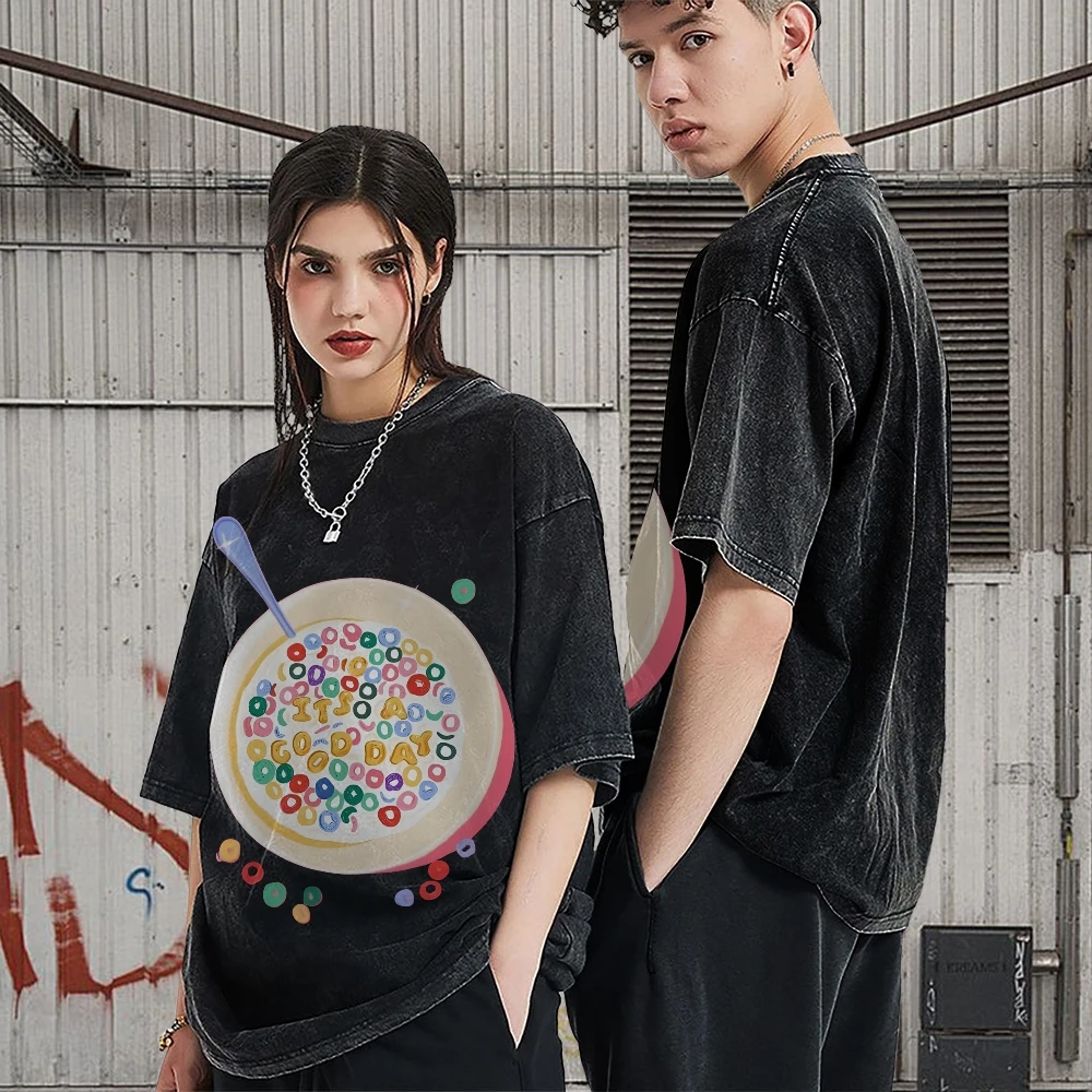 トレンディなヴィンテージユニセックスグラフィック Tシャツシリアルボウル Tシャツプレミアムコットン高品質オーバーサイズウォッシュ Tシャツカラフルな Y2K スタイル