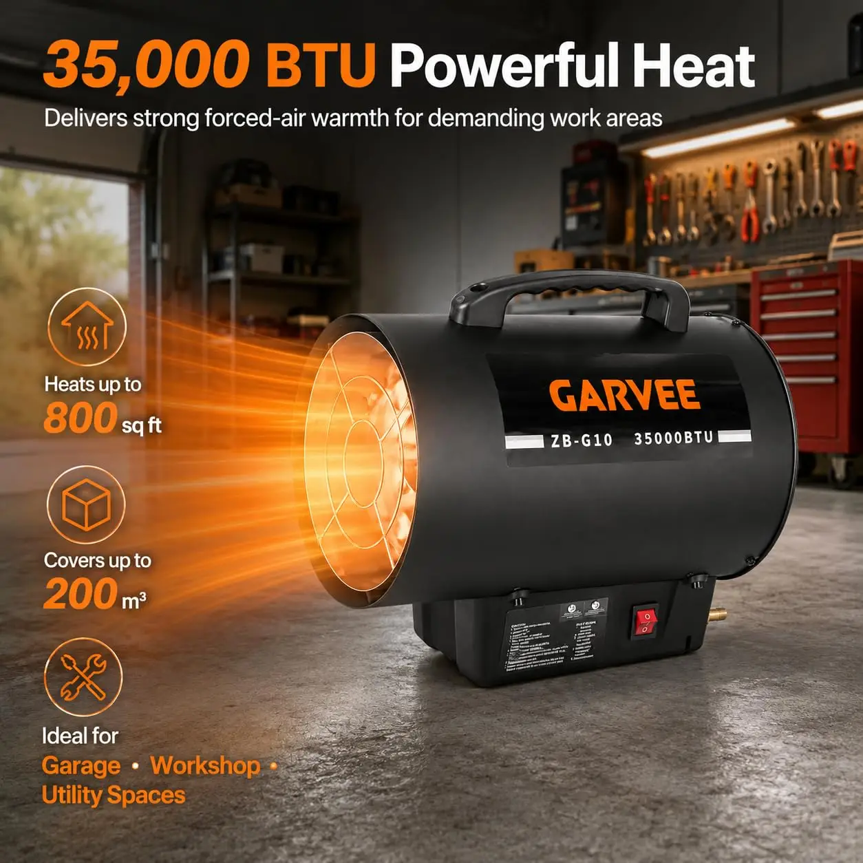 35,000 BTU Propane Forced Air Heater 10KW Portable Heat for Workshops & Job Sites Space Heater