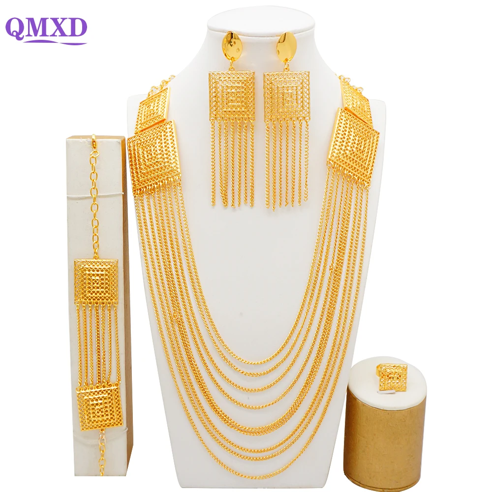 Fashion Indian Dubai Gold Color Tassel Jewelry Set For Women Bridal Long Necklace Set Nigerian Choker Necklace Wedding Sets