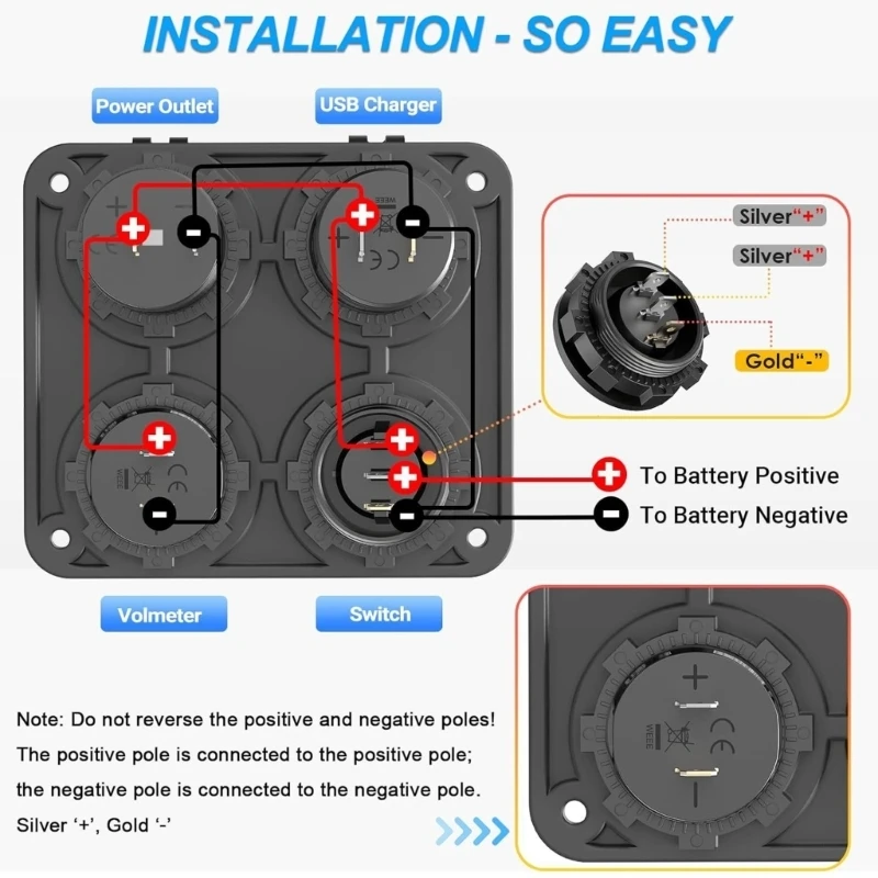 12V 24V Marine Chargers Outlet With Quick Power Delivery And Digital Voltmeter ABS Charging Socket Panel