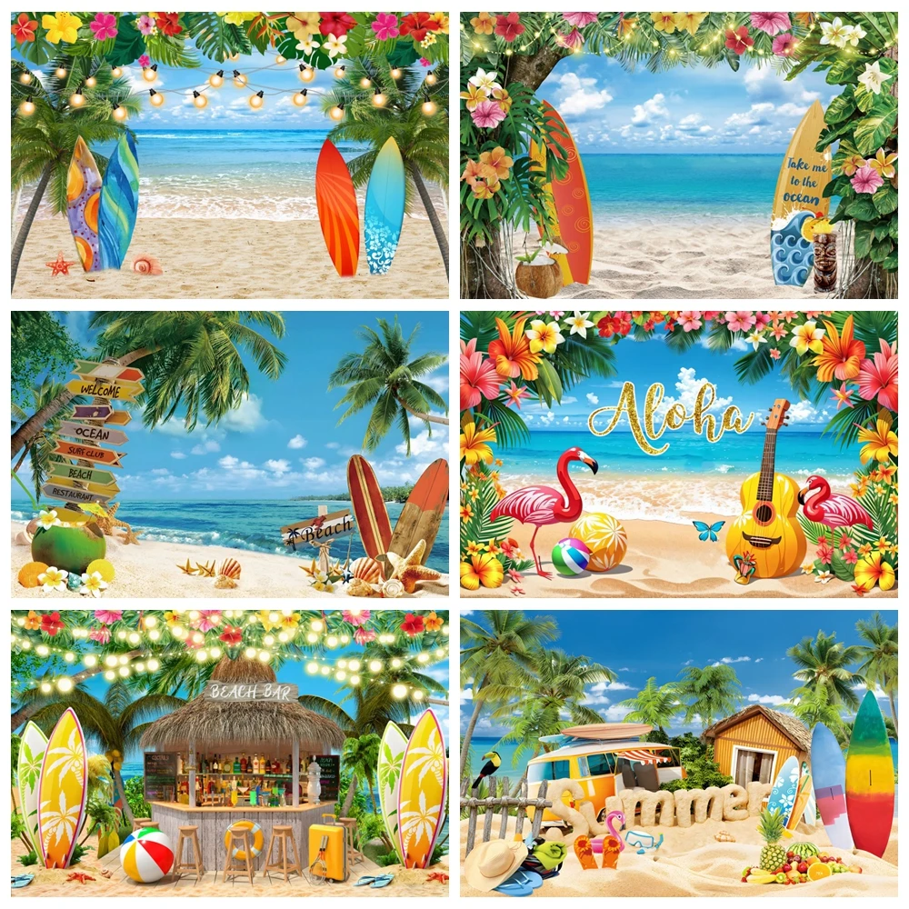 

Summer Tropical Beach Hawaiian Backdrop Aloha Luau Seaside Flamingo Ocean Surfboard Holiday PartyBirthday Photography Background