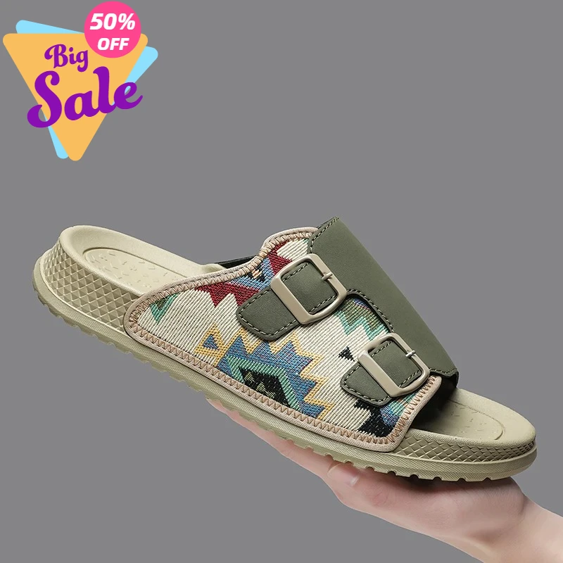 

Oversized men's sandals classic leather slippers 2026 summer new style soft-soled black slippers lightweight outdoor slippers