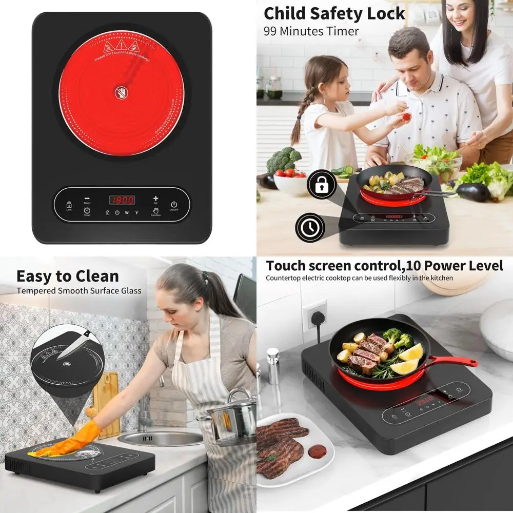 

Portable 110V 1800W Electric Cooktop with 10 Power Levels, LED Touch Control, 4-Hour Timer, Safety Lock, and Overheat Protection
