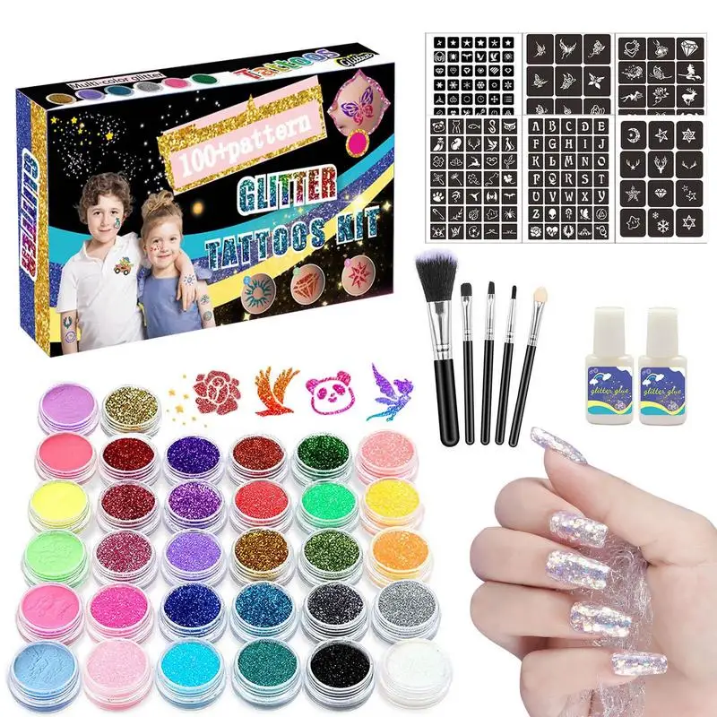 32 colori Diamond Glitter Art Set di tatuaggi luminosi pennello per trucco Set di tatuaggi temporanei polvere glitterata Kit di adesivi temporanei regali