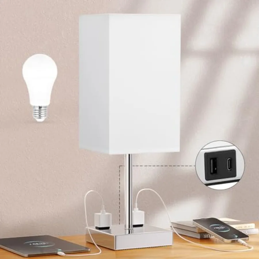 

Touch Bedside Table Lamp For Nightstand - 3-Way Dimmable Night Lamp with USB A + Type C Charging Ports and two AC Outlets Small