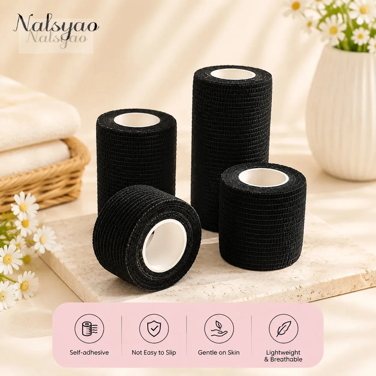 Self Adhesive Cohesive Bandage Wrap 5cm x 4.5m Black Athletic Elastic First Aid Tape Non Woven Kinesiology