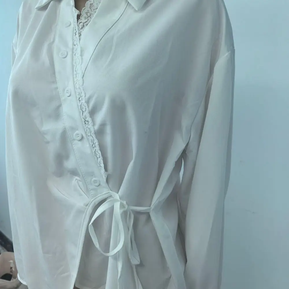 Camiseta com decote em v irregular diagonal gravata retalhos colheita topo blusa de manga longa chique retro renda básica camisetas femininas