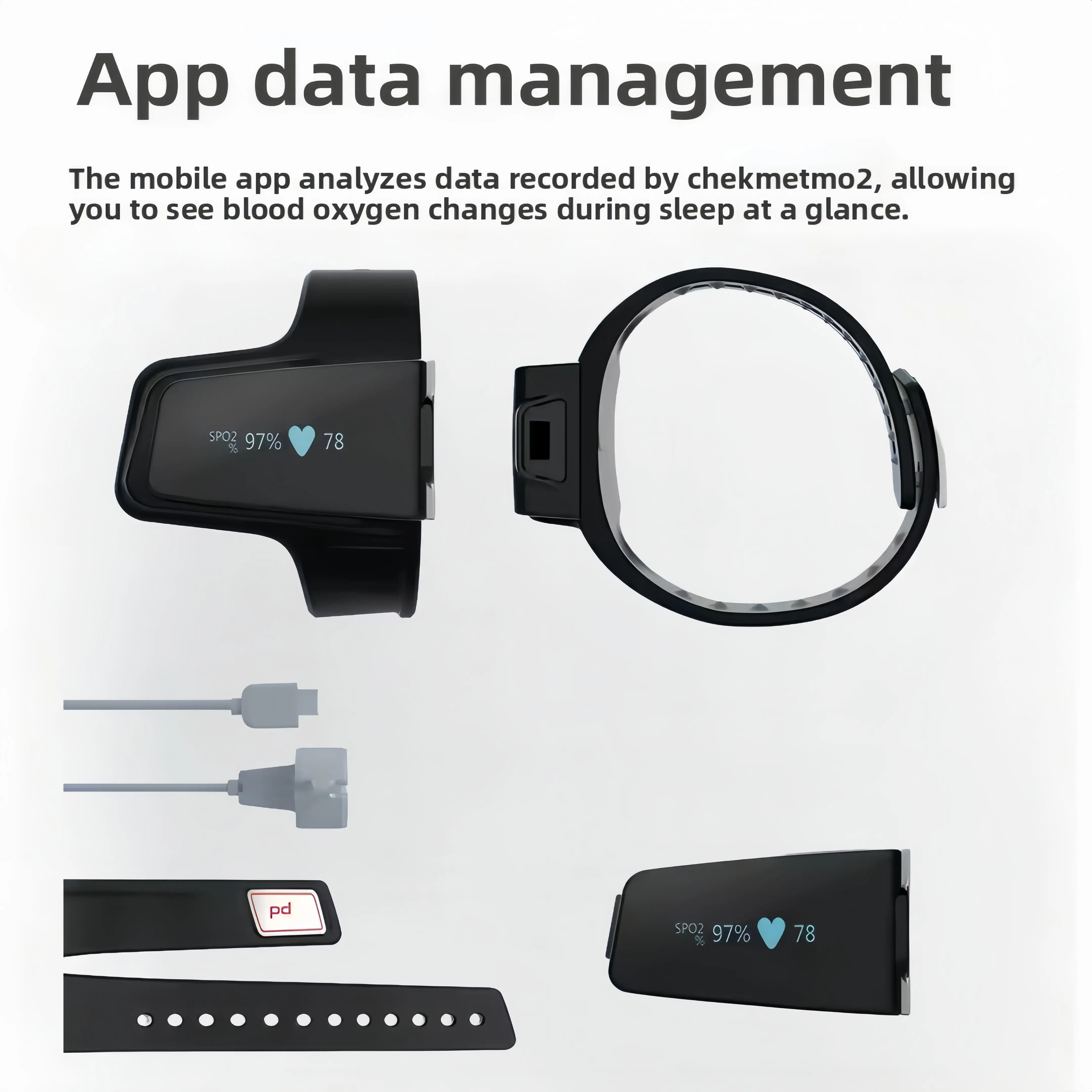 Bluetooth wrist oximeter Spo2 heart rate pulse oximeter wearable sleep apnea alarm continuously monitors blood oxygen saturation