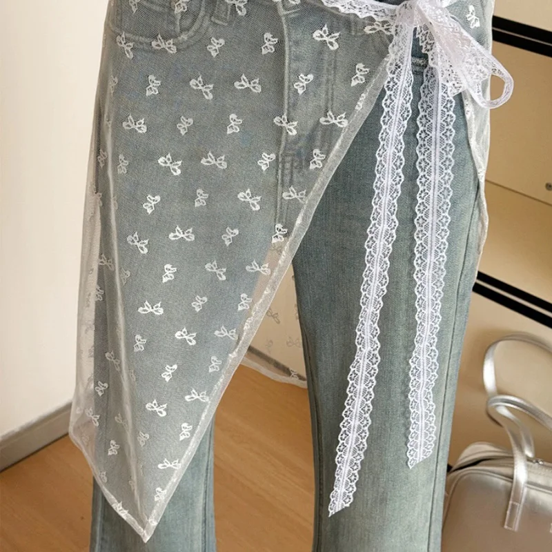 

2024 Ins Blogger Unique Lace Layered Gauze Skirt with Tie Up Korean Version Spicy Girls Jeans Apron Ladies Open Skirts Y2k