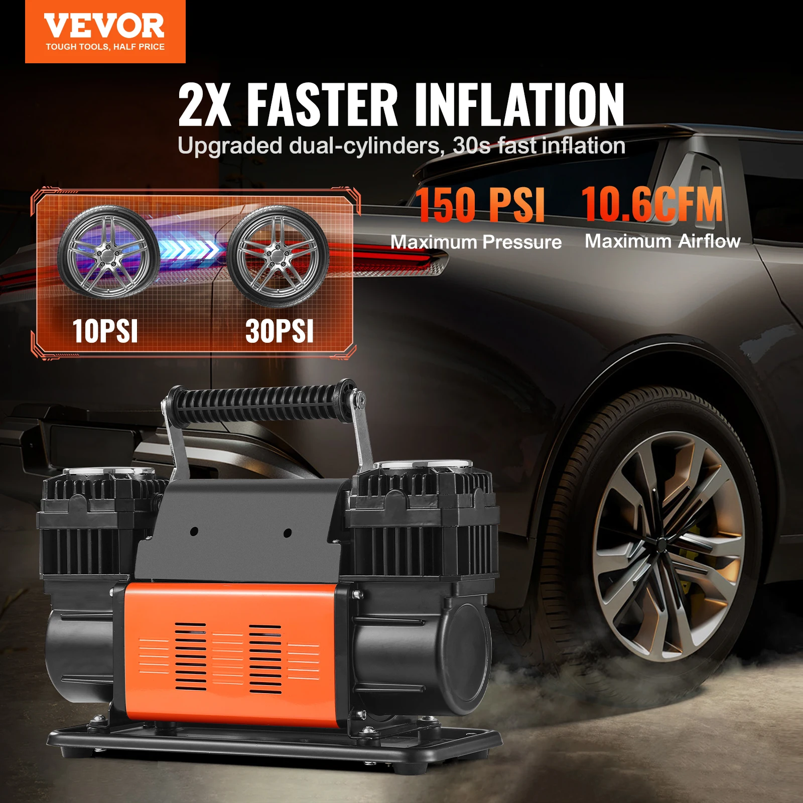 VEVOR Tire Inflator Compressor 6-10 CFM Heavy Duty Air Compressor Dual-Cylinder 150PSI Air Pump with Adapters for Trucks Car SUV