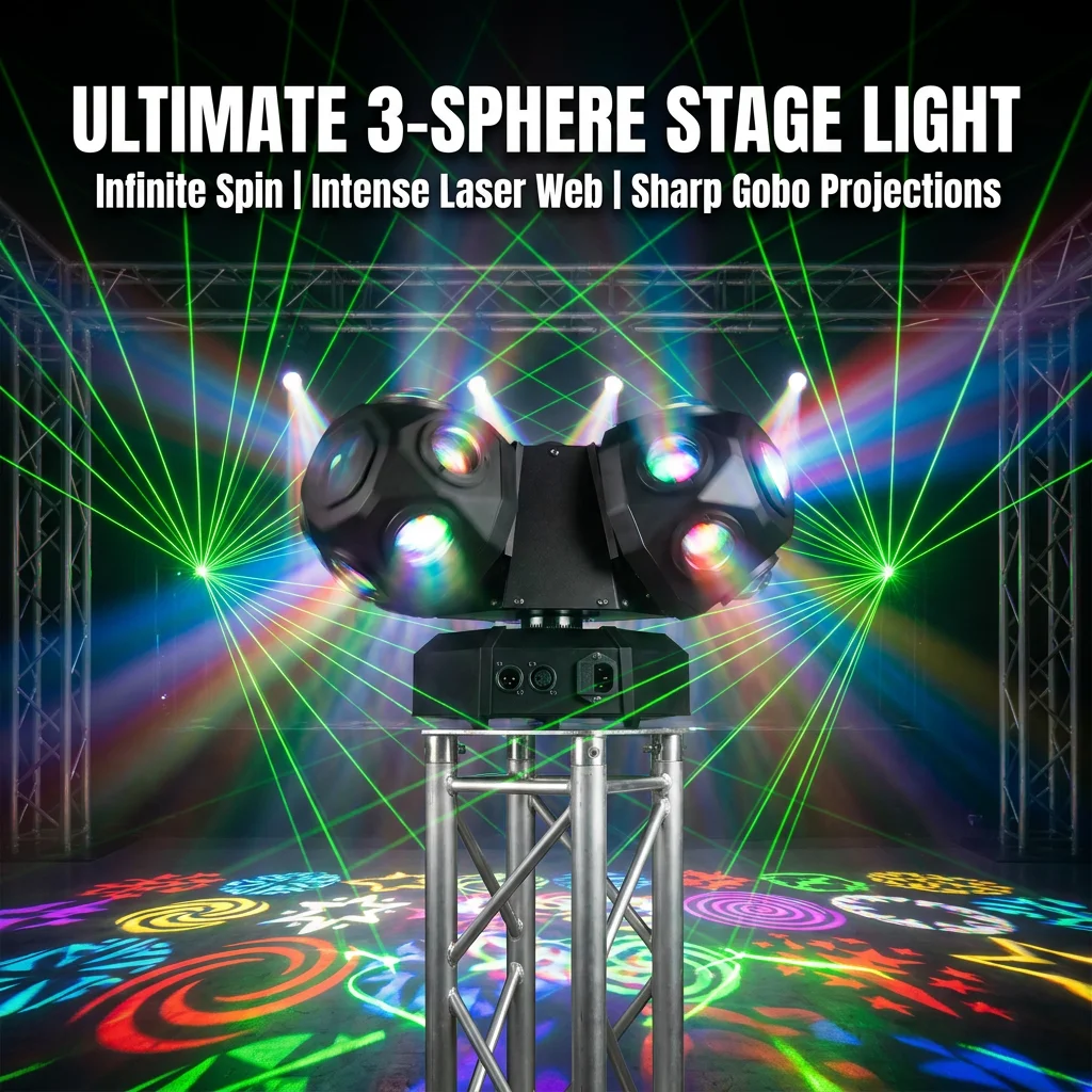 Professional 18-Bead 3-Sphere Moving Head, 160W RGBW Beam Laser Gobo Stage Light with Remote for Home KTV Disco Club DMX512