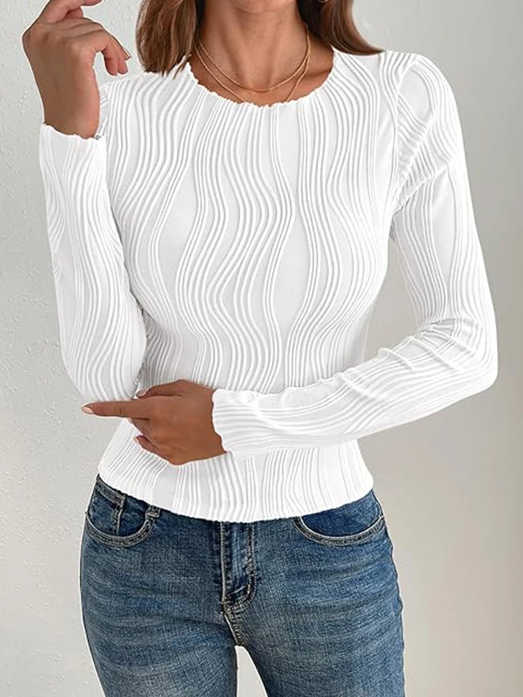 

Woman Fashion Casual Ruched Long Sleeve Shirt Female White Skinny Cropped Bottoming Slim Base Layers 2024 Autumn Y2K Top Clothes