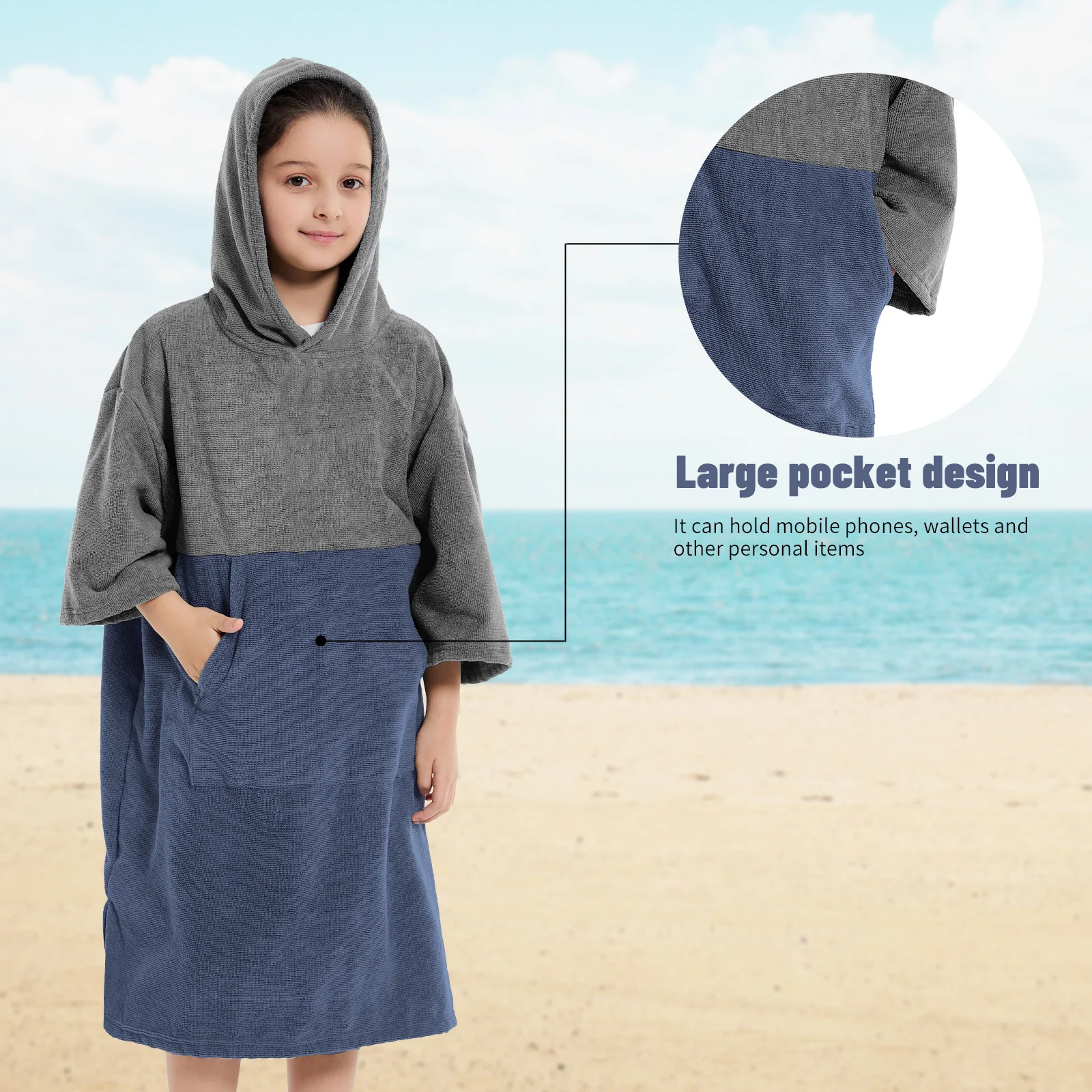 Kids Changing Towel Robe: Absorbent Quick Dry Surf Poncho, 3/4 Sleeve Microfiber Bath Towels for Beach Pool