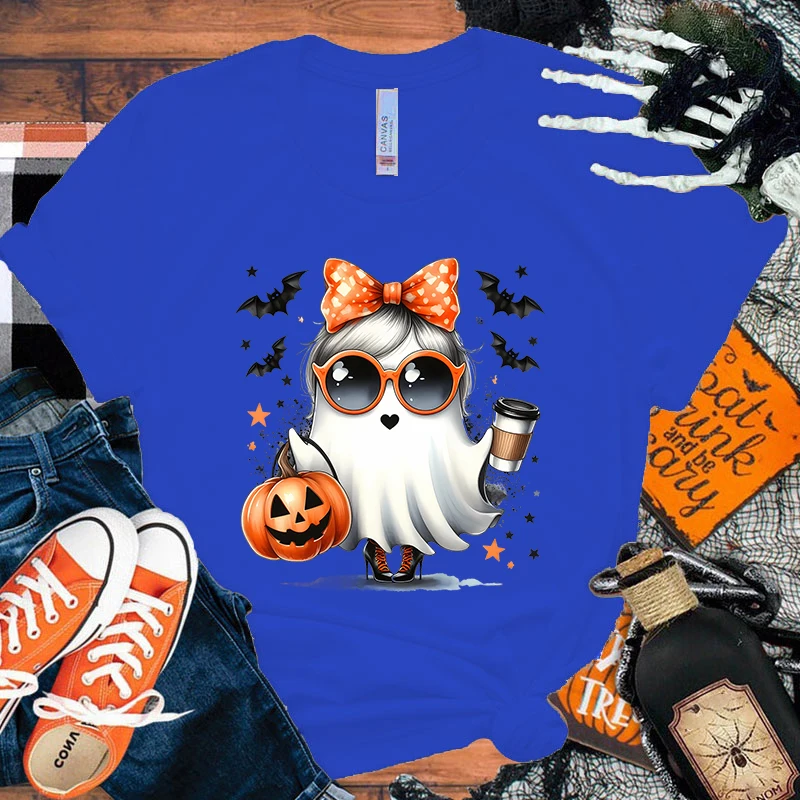 الرجال والنساء هالوين اليقطين بو طباعة تي شيرت ، عارضة الرسم تي شيرت ، قصيرة الأكمام ، جولة الرقبة القمصان ، مضحك ، الصيف