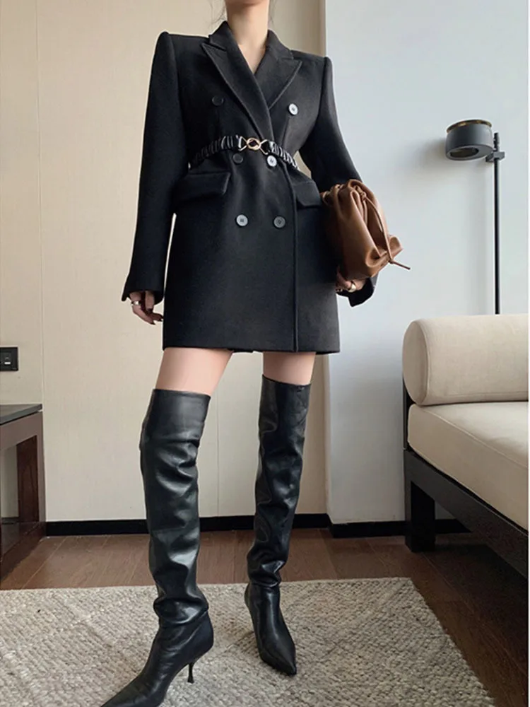 BZVW Office Lady Women Blazer Notched Solid Color Double Breasted Belt Gathered Waist Woolen Coat 2024 New Clothing 25X3730