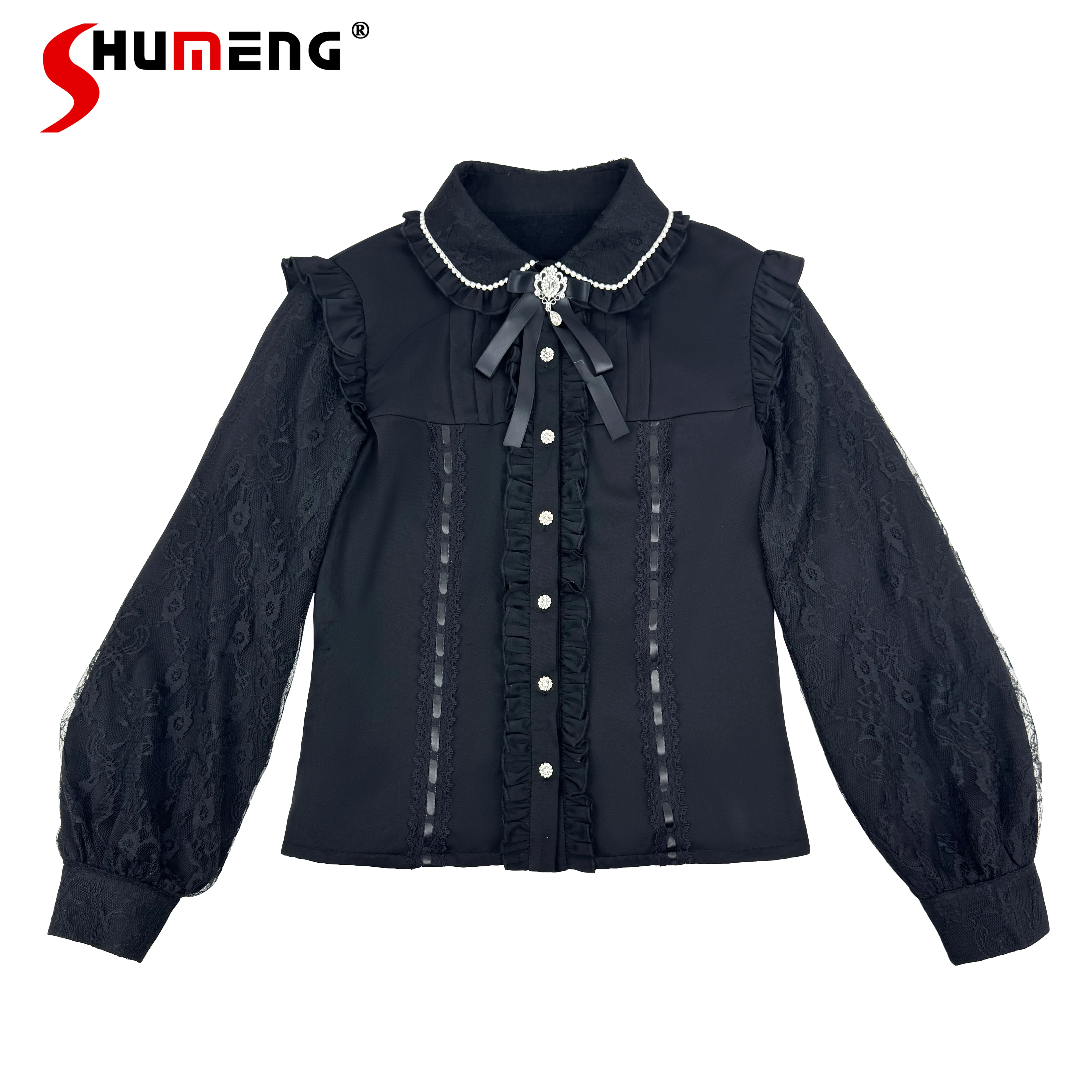 

Японская майна массового производства, готическая черная рубашка с длинными рукавами, весна-осень, новинка 2025, женская облегающая милая кружевная блузка с бантом, топ