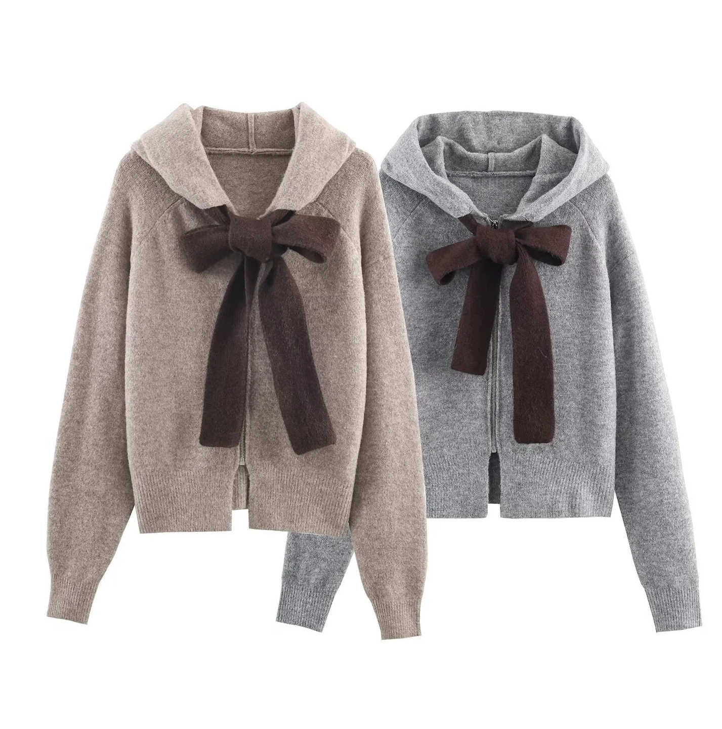 

Новый женский повседневный модный простой вязаный кардиган с длинными рукавами и капюшоном с бантом