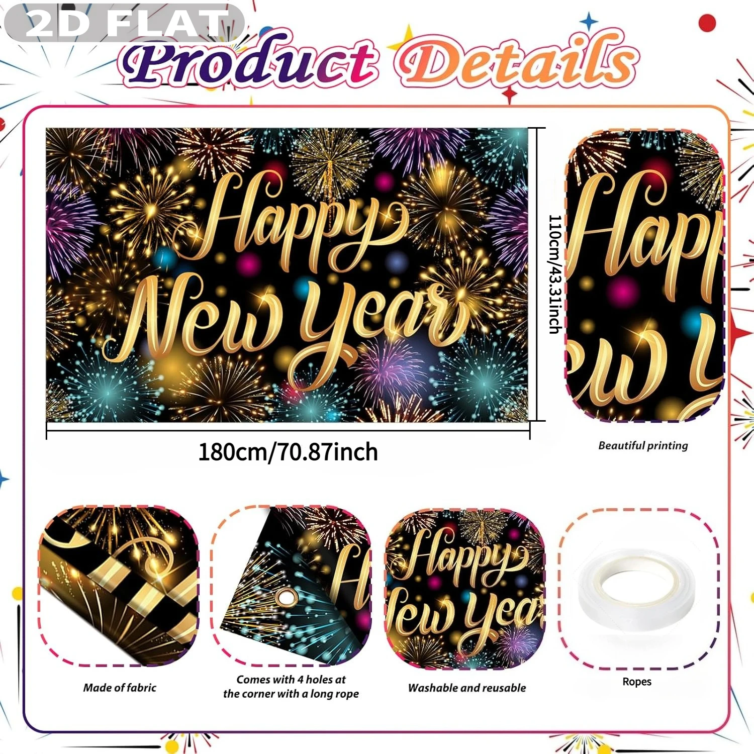 2D FLAT 1 قطعة 2026 زينة السنة الجديدة - لافتة خلفية سنة جديدة سعيدة مقاس 44 × 70 بوصة مع نمط الألعاب النارية للتصوير الفوتوغرافي بعلامة كبيرة #2