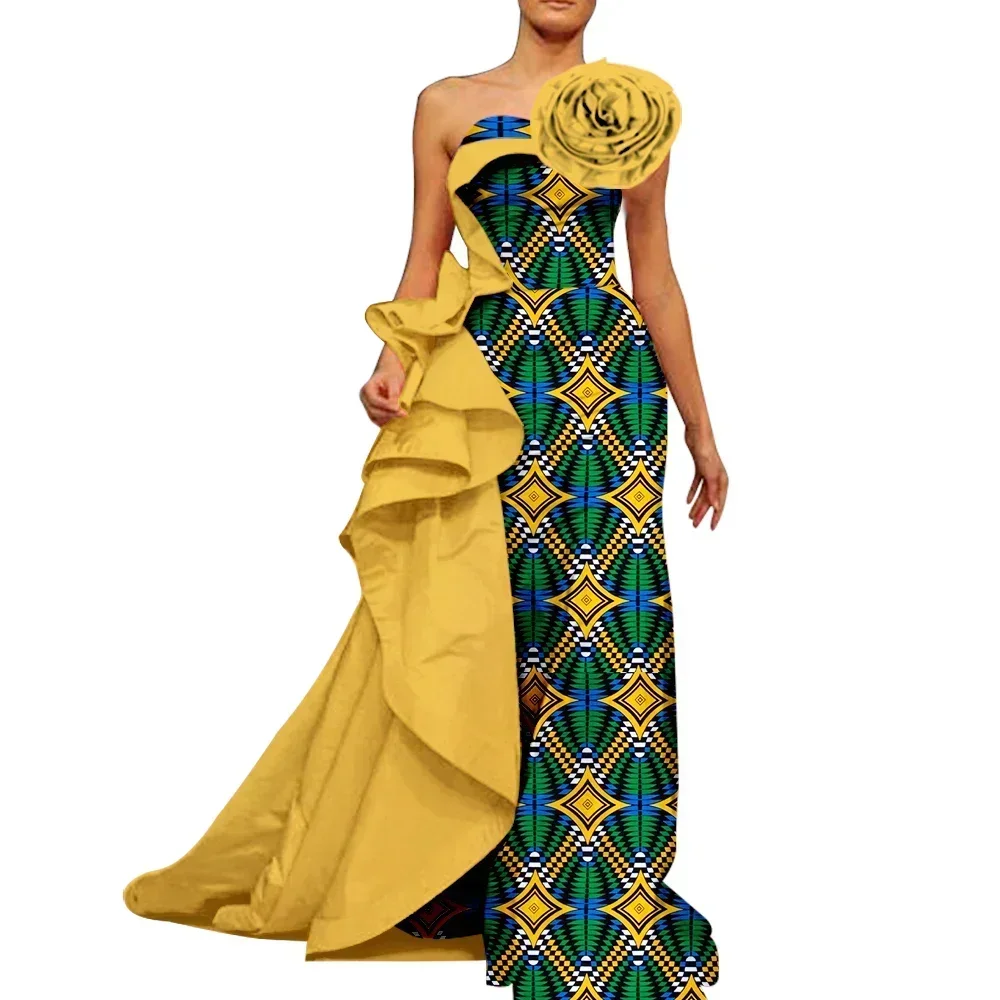 Elegant African Women's Dresses Off Shoulder Robe Long Ankara Print Dashiki Dress African Party Clothing WY5849