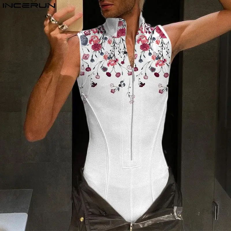 2023 Men Bodysuits Lapel Sleeveless Streetwear Zipper Fitness Male Rompers Tank Tops Solid Color Sexy Bodysuit Men S-5XL INCERUN