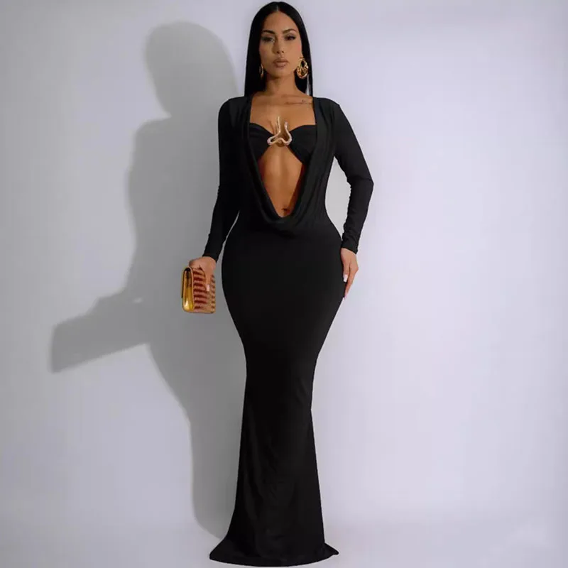 Elegante Geraffte Tiefen V-ausschnitt Langarm Bodycon Maxi Kleid Frauen Abend Nachtclub Party Promi Prom Meerjungfrau Lange Kleider Robe