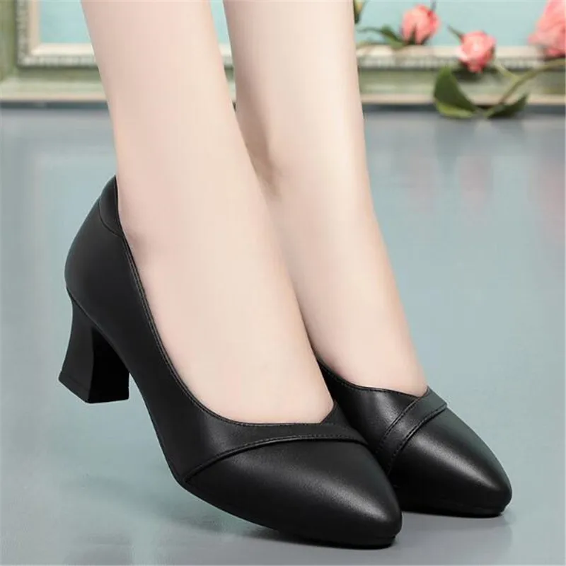 High Quality Thick Heeled Single Shoes Women\'s 2023 New High Heeled Shallow Mouth Comfortable Genuine Leather Office Women Shoes