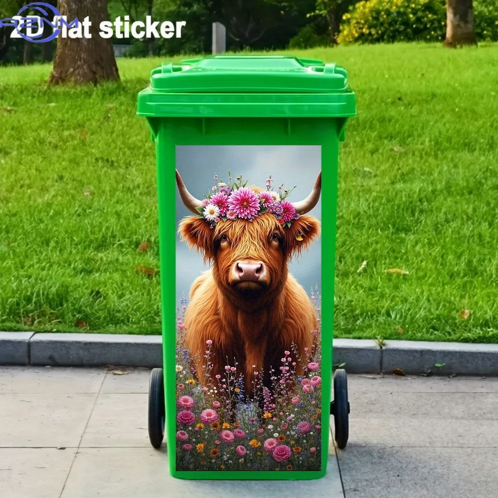 1pc 2D Flat Sticker, High-Definition Trash Can Decal - Waterproof PVC Cute Furry Bull Head with Floral-Crown Theme Self Adhesi